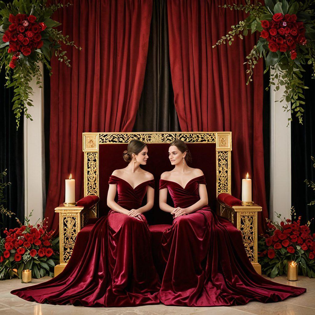 A luxurious, intimate setting with a plush velvet throne, surrounded by soft candlelight and silk fabrics. Showcase an elegant couple sharing a joyful, playful moment, embodying sensuality and connection. Include opulent decor with rich colors, exotic flowers, and subtle hints of royalty. Capture a sense of warmth and passion in the ambiance. super-realistic. vibrant colors. soft focus.