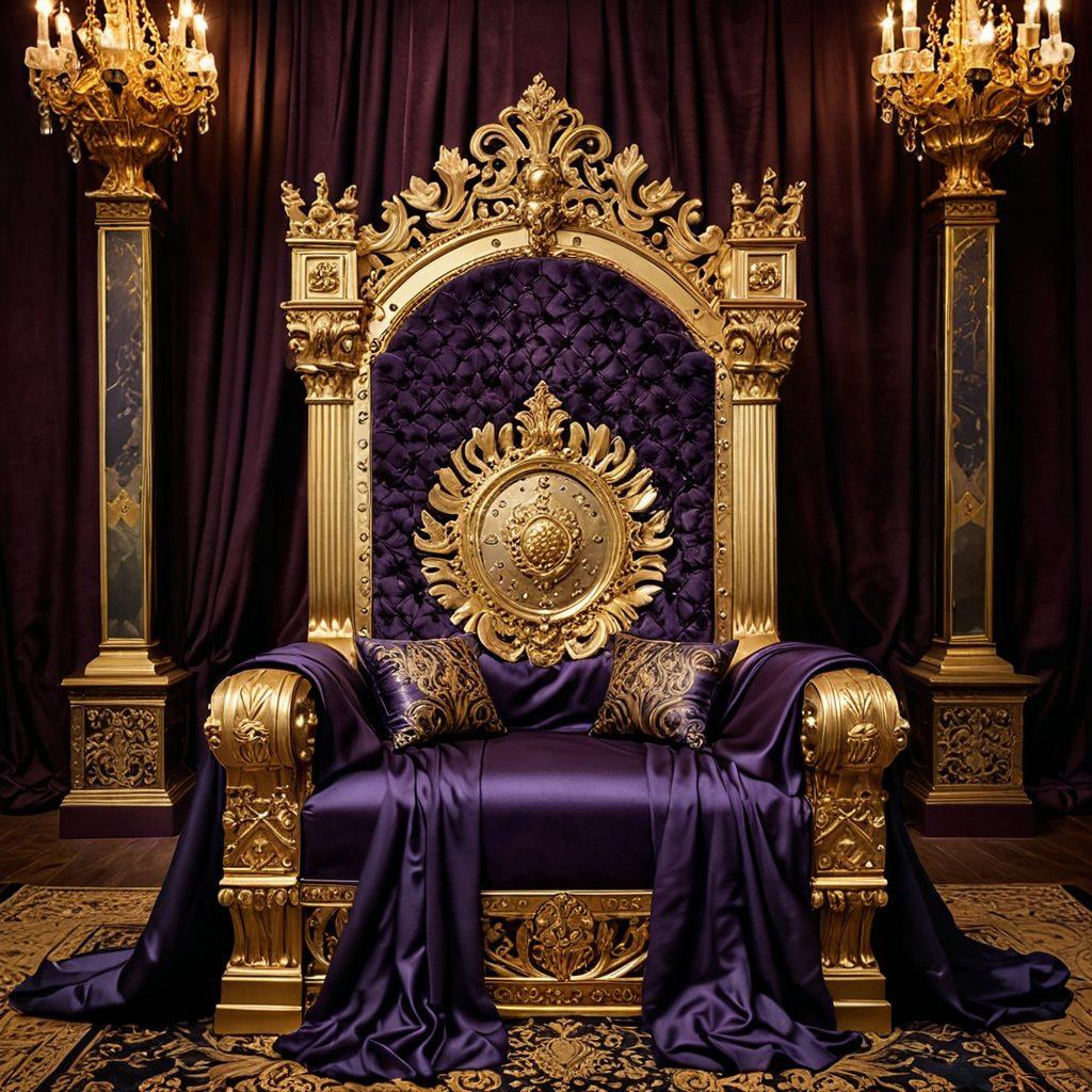A dramatic depiction of a regal throne adorned with intricate details, symbolizing the fusion of power and pleasure. Surrounding the throne, elegant figures clad in luxurious fabrics embody the essence of erotic entertainment. Soft, ambient lighting creates an intimate atmosphere while opulent decor fills the background. Utilize a palette of deep purples and golds to enhance the allure and sensuality. painting. vibrant colors. moody lighting.