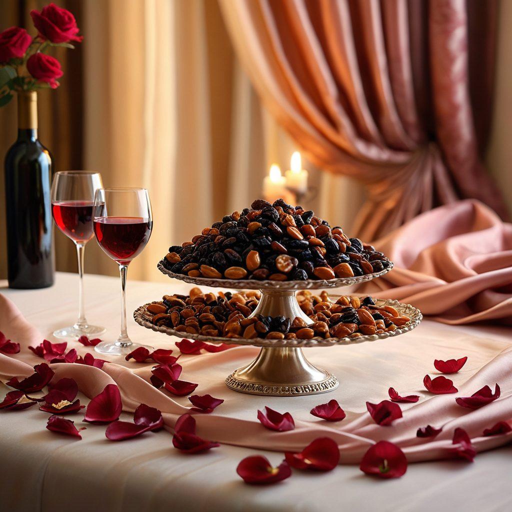 A beautifully arranged platter of luxurious sultanas in an intimate, softly lit setting, accompanied by wine glasses and scattered rose petals. The warm glow of candlelight enhances the sensual atmosphere, while a backdrop of elegant silk fabric adds sophistication. The overall composition evokes feelings of indulgence and romance. super-realistic. warm colors. soft focus.